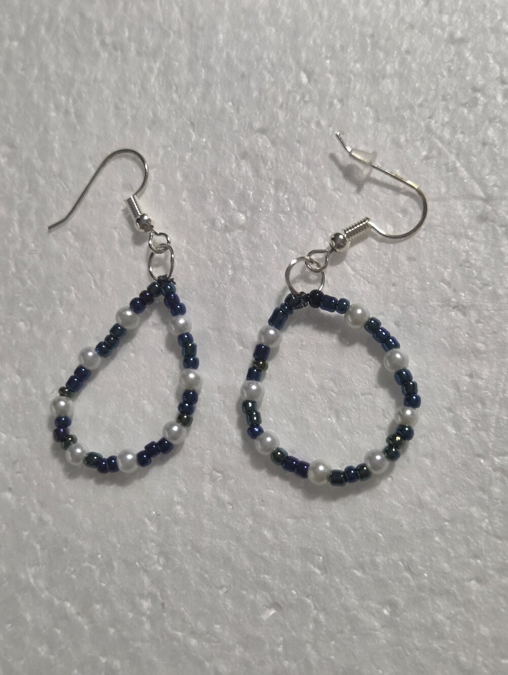 Handcrafted Iridescent Navy and White Beaded Teardrop Earrings